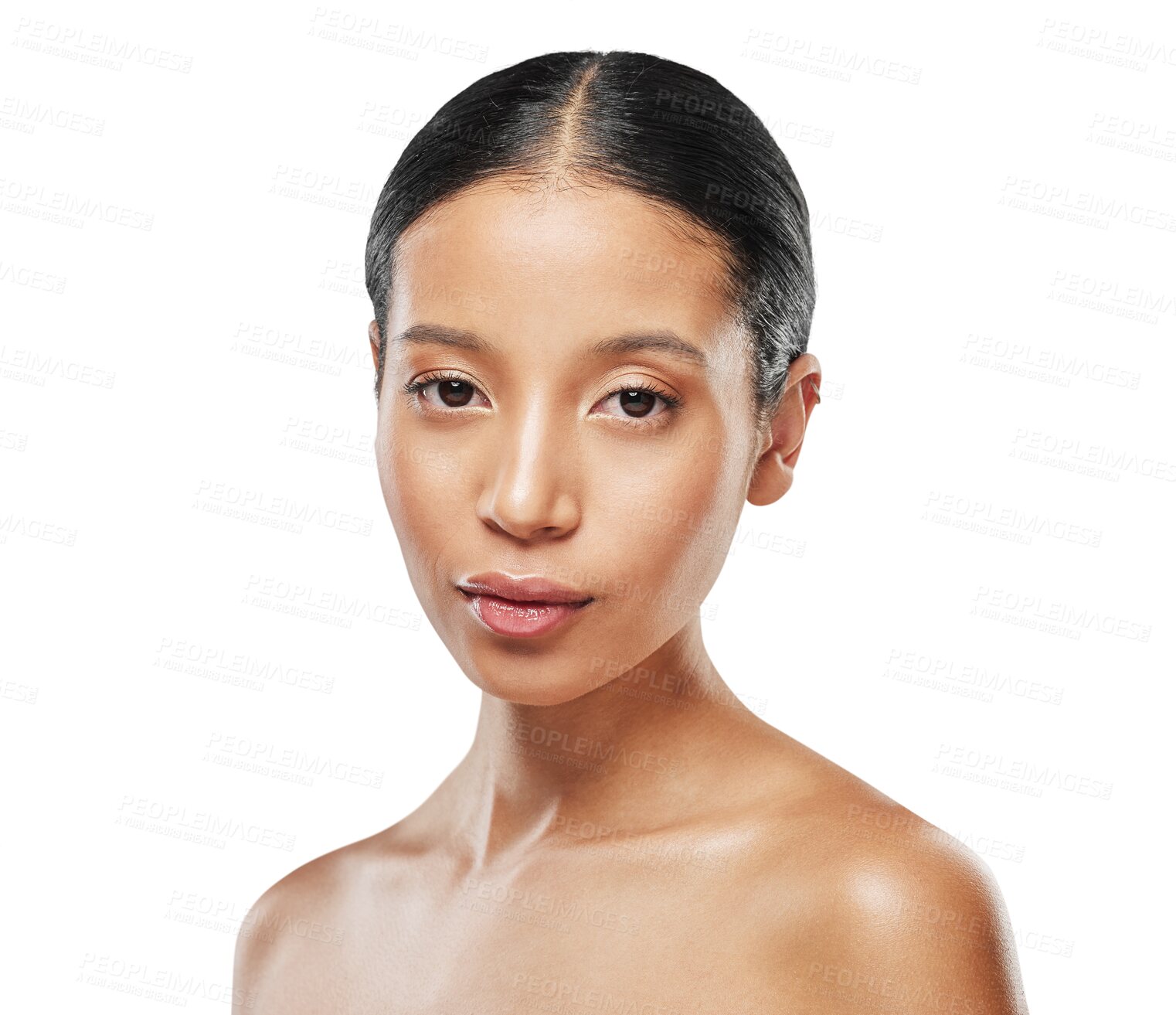 Buy stock photo Natural, portrait and woman with beauty cosmetic care for wellness isolated in transparent or png background. Shine, face and young female person with smooth, soft and skincare skin due to cosmetics