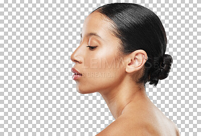 Buy stock photo Dermatology, skincare and girl with cosmetics or profile for png or isolated and transparent background in africa. Natural beauty, glowing skin and wellness, cosmetology, clean or facial treatment.