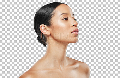 Buy stock photo Skincare, beauty and profile of a woman with a natural, cosmetic and glamour facial routine. Health, wellness and female model with a dermatology face treatment isolated by transparent png background