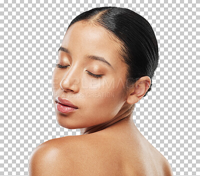 Buy stock photo Skincare, wellness and young woman with a natural, beautiful and cosmetic facial routine. Peace, beauty and female model with a dermatology face treatment isolated by a transparent png background.