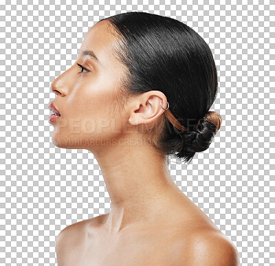 Buy stock photo Beauty, health and profile of a woman with a cosmetic, natural and glamour facial routine. Skincare, wellness and female model with a dermatology face treatment isolated by transparent png background