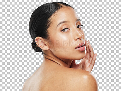 Buy stock photo Beauty, skincare and portrait of woman for salon on isolated, png and transparent background. Dermatology, spa aesthetic and face of female person with natural cosmetics, makeup and glowing skin