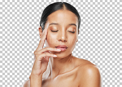 Buy stock photo Skincare, natural and face of woman for wellness on isolated, png and transparent background. Dermatology, salon aesthetic and serious female person with beauty cosmetics, makeup and glowing skin