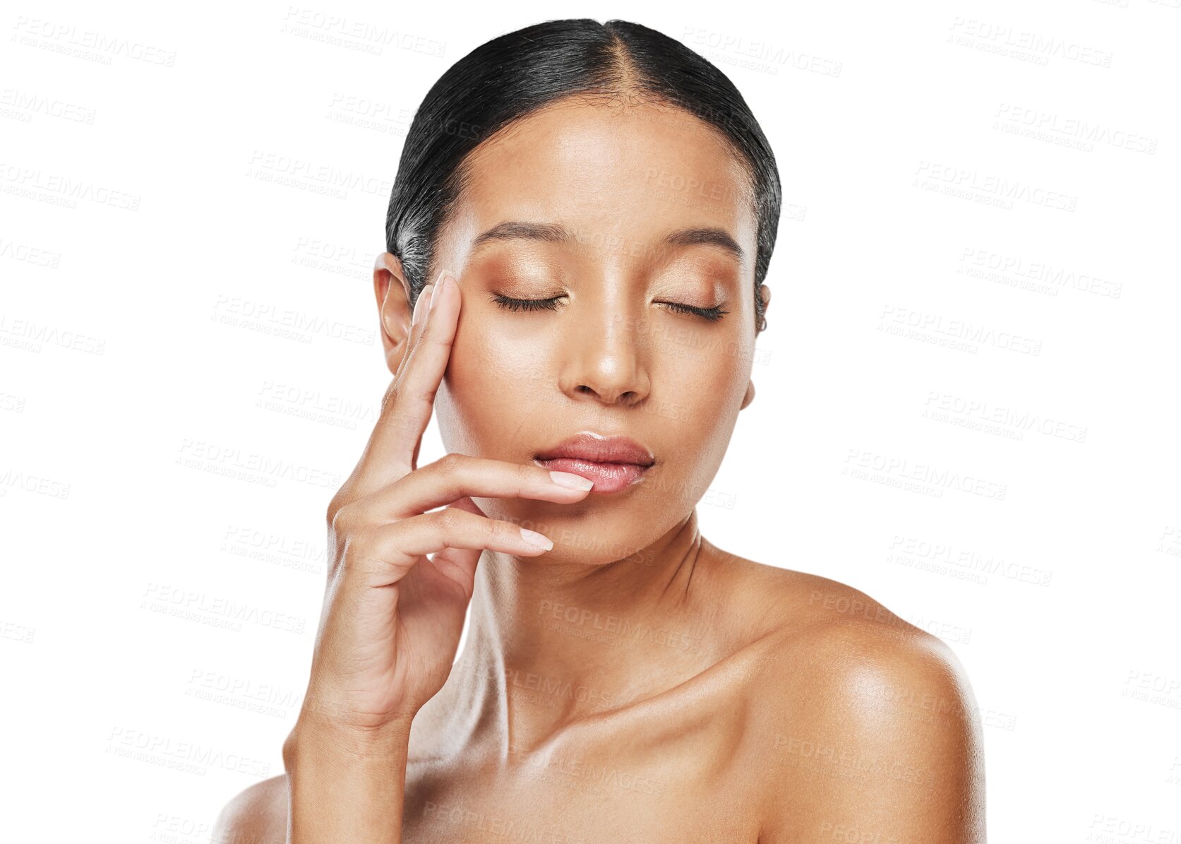 Buy stock photo Skincare, natural and face of woman for wellness on isolated, png and transparent background. Dermatology, salon aesthetic and serious female person with beauty cosmetics, makeup and glowing skin