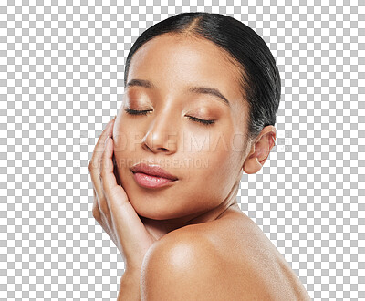 Buy stock photo Beauty, salon and face of woman for skincare on isolated, png and transparent background. Dermatology, aesthetic and natural female person with cosmetics, makeup and glowing for skincare wellness