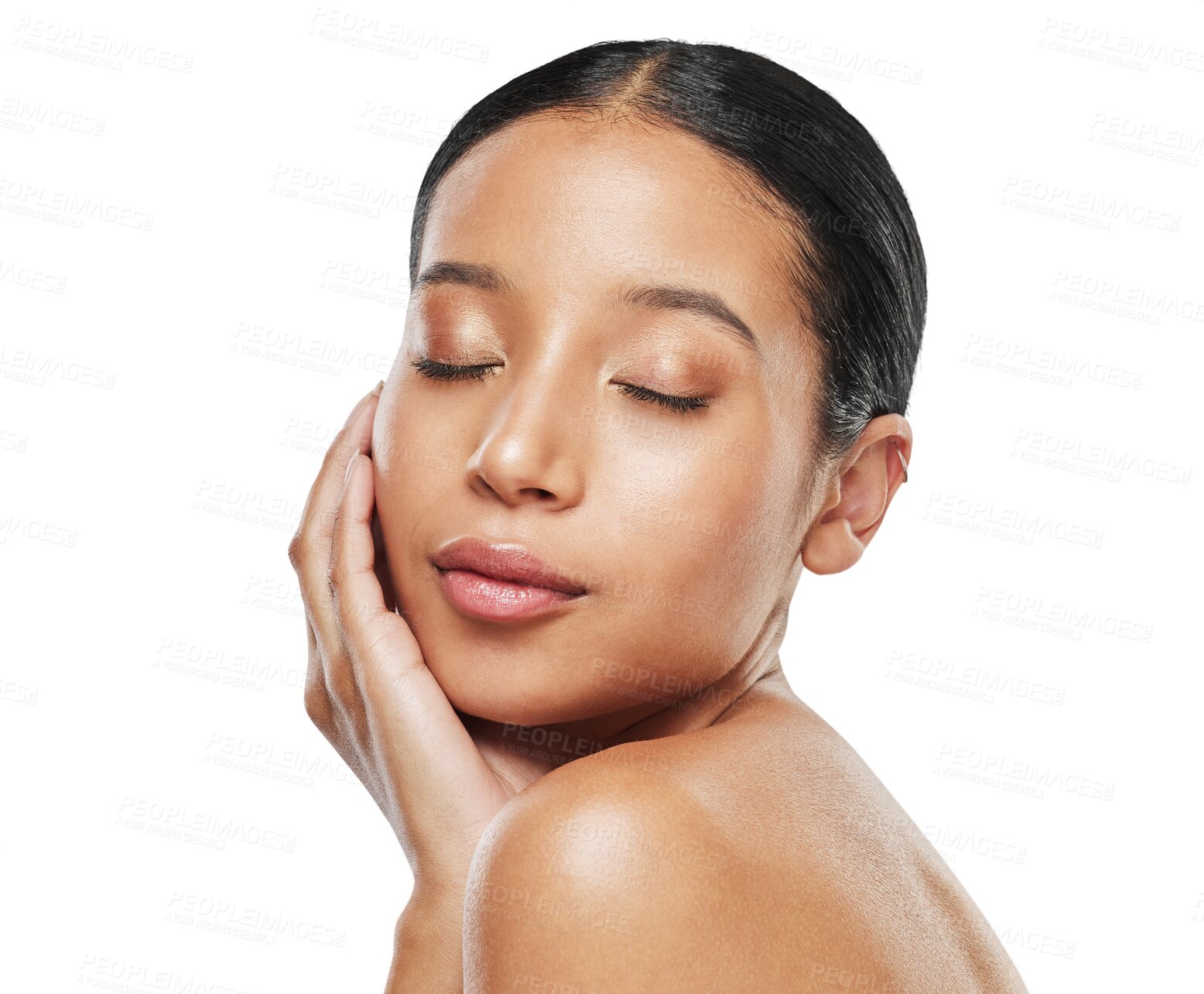 Buy stock photo Beauty, salon and face of woman for skincare on isolated, png and transparent background. Dermatology, aesthetic and natural female person with cosmetics, makeup and glowing for skincare wellness