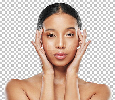 Buy stock photo Touch, beauty and skincare with portrait of woman on transparent background for cosmetics, natural and glow. Self care, product and facial with face of female person isolated on png for makeup