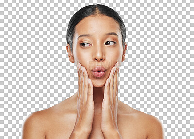 Buy stock photo Thinking, pout and woman with makeup and cosmetic skincare isolated in a transparent or png background. Beauty, surprise and young female person with natural care of smooth, cosmetics and glow skin