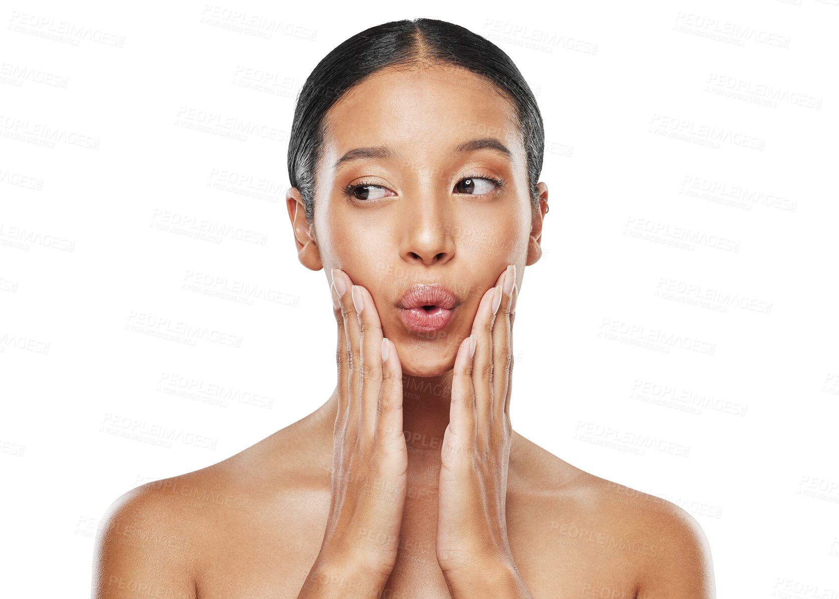 Buy stock photo Thinking, pout and woman with makeup and cosmetic skincare isolated in a transparent or png background. Beauty, surprise and young female person with natural care of smooth, cosmetics and glow skin