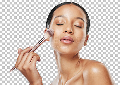 Buy stock photo Brush, makeup and face, woman with beauty and cosmetic shine isolated on transparent png background. Skincare, cosmetology and cosmetics tools, female model and shine, foundation and powder on skin