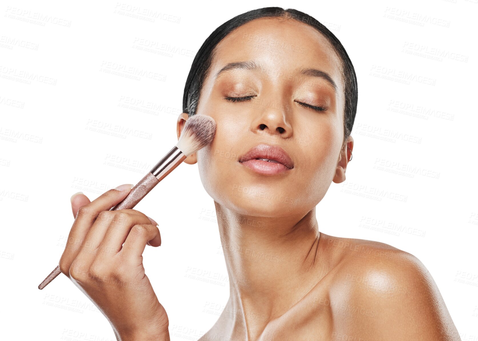 Buy stock photo Brush, makeup and face, woman with beauty and cosmetic shine isolated on transparent png background. Skincare, cosmetology and cosmetics tools, female model and shine, foundation and powder on skin