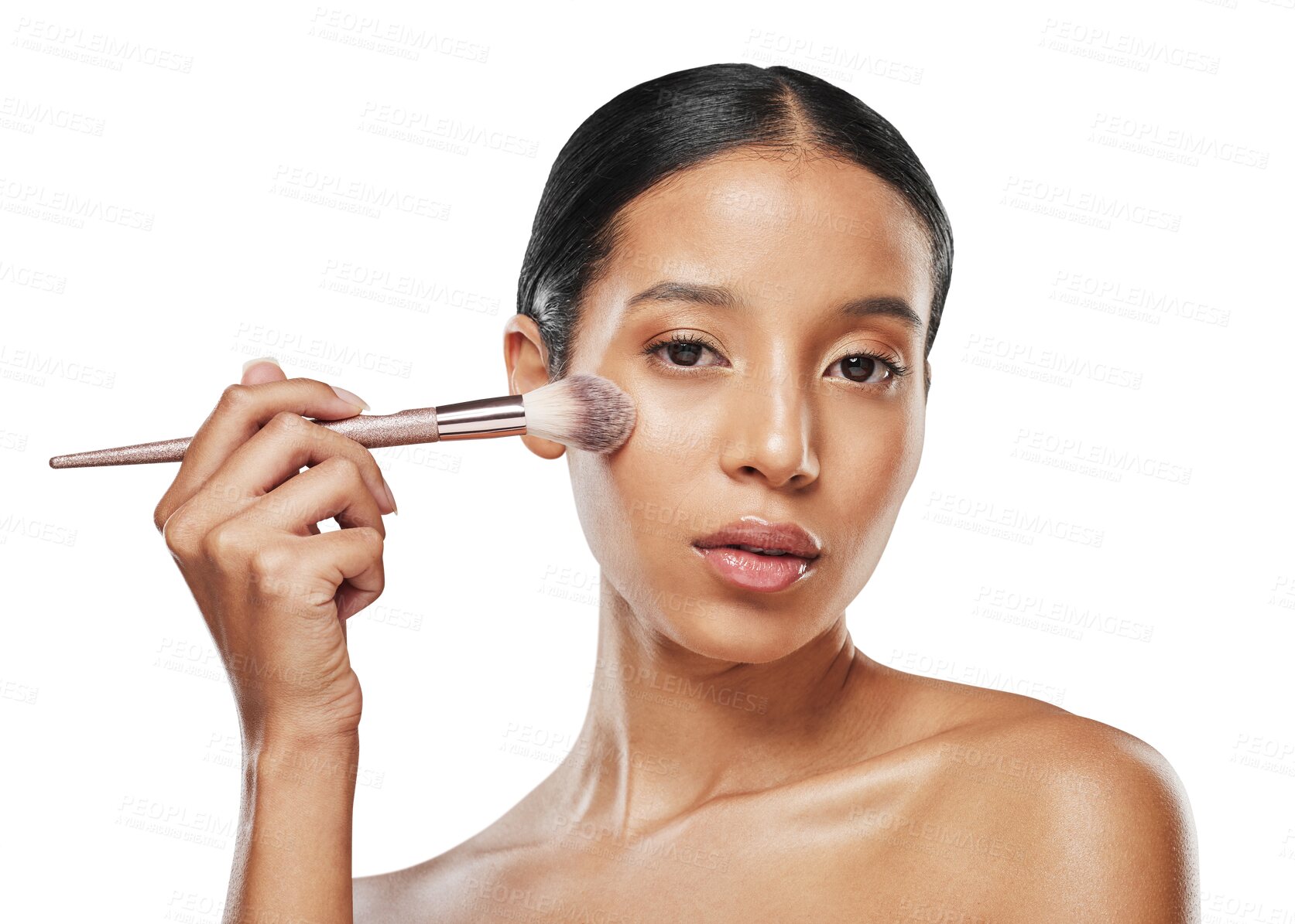 Buy stock photo Brush, makeup and portrait, woman and beauty, cosmetic shine on face isolated on transparent png background. Skincare, cosmetology and cosmetics tools, female model with foundation and powder on skin