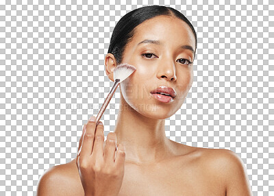 Buy stock photo Makeup, beauty and brush with portrait of woman on transparent background for cosmetics, foundation and glow. Blush, product and facial with person isolated on png for powder, self care and skincare