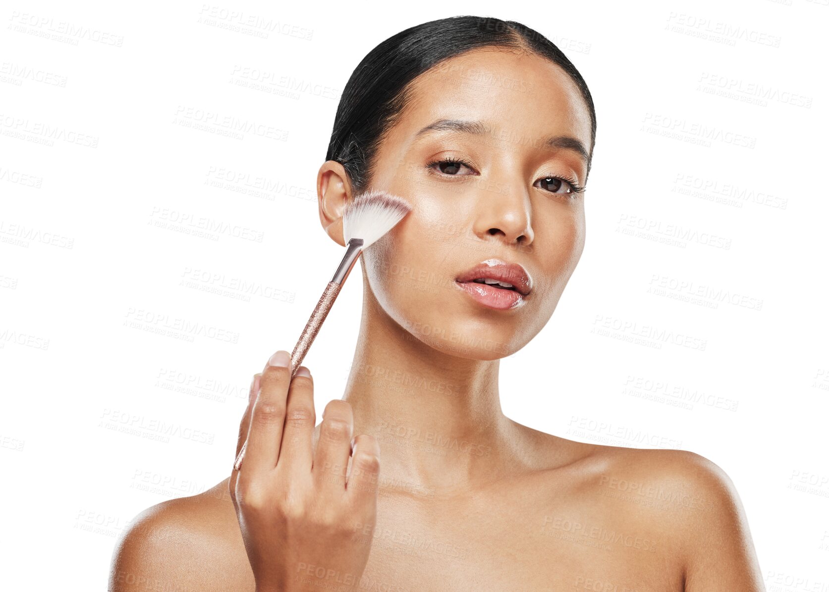 Buy stock photo Makeup, beauty and brush with portrait of woman on transparent background for cosmetics, foundation and glow. Blush, product and facial with person isolated on png for powder, self care and skincare