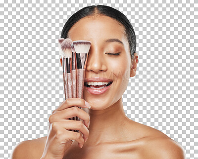 Buy stock photo Makeup, brush and beauty with face of woman on transparent background for cosmetics, foundation and product. Facial, salon and tools for female person isolated on png for grooming, treatment and glow