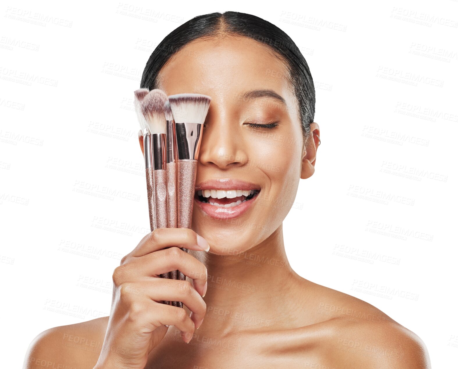 Buy stock photo Makeup, brush and beauty with face of woman on transparent background for cosmetics, foundation and product. Facial, salon and tools for female person isolated on png for grooming, treatment and glow