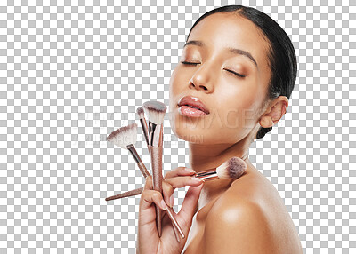 Buy stock photo Makeup, brush and woman with cosmetic care product closed eyes isolated in a transparent or png background. Face, shine and young female person relax with cosmetics skincare, glamour and beauty