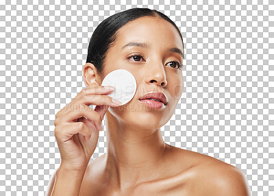 Buy stock photo Beauty, skincare and cotton on face of woman on transparent background for facial, makeup remover or cleaning. Spa, product and wellness with female person isolated on png for cosmetics and self care