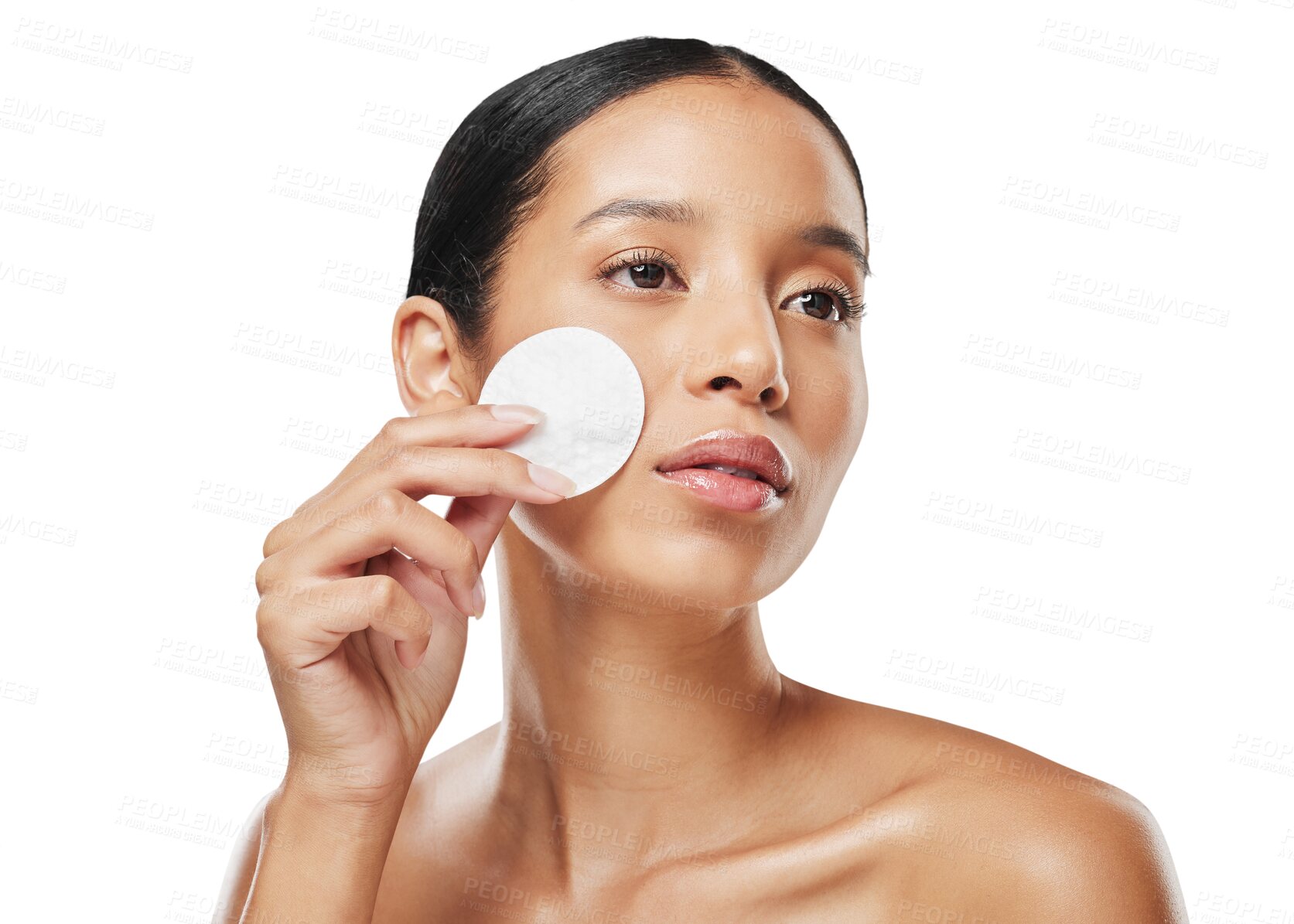 Buy stock photo Beauty, skincare and cotton on face of woman on transparent background for facial, makeup remover or cleaning. Spa, product and wellness with female person isolated on png for cosmetics and self care