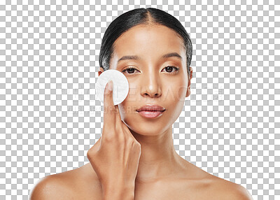 Buy stock photo Beauty, skincare and cotton with portrait of woman on transparent background for facial, makeup remover or cleaning. Spa, product and wellness with person isolated on png for cosmetics and self care