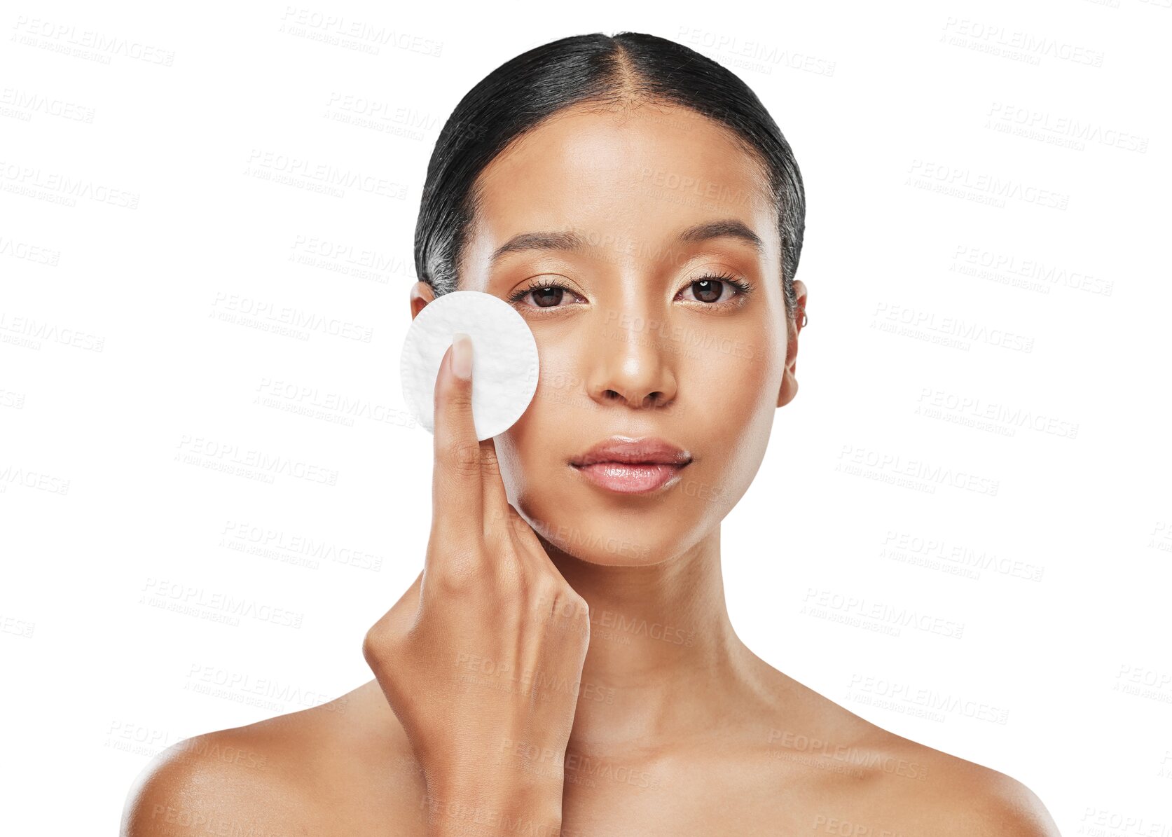 Buy stock photo Beauty, skincare and cotton with portrait of woman on transparent background for facial, makeup remover or cleaning. Spa, product and wellness with person isolated on png for cosmetics and self care