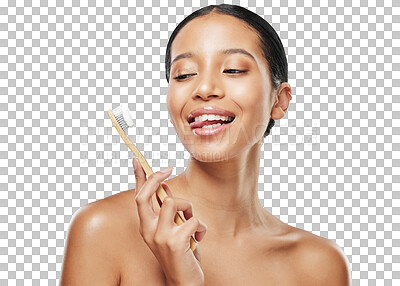 Buy stock photo Dental care, happy and young woman with a toothbrush for mouth hygiene, health or wellness. Smile, oral routine and female model brushing teeth with toothpaste isolated by transparent png background.