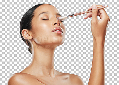 Buy stock photo Makeup, brush and woman with product for cosmetic care or foundation isolated in a transparent or png background. Face, shine and young female person with cosmetics skincare, glamour and beauty