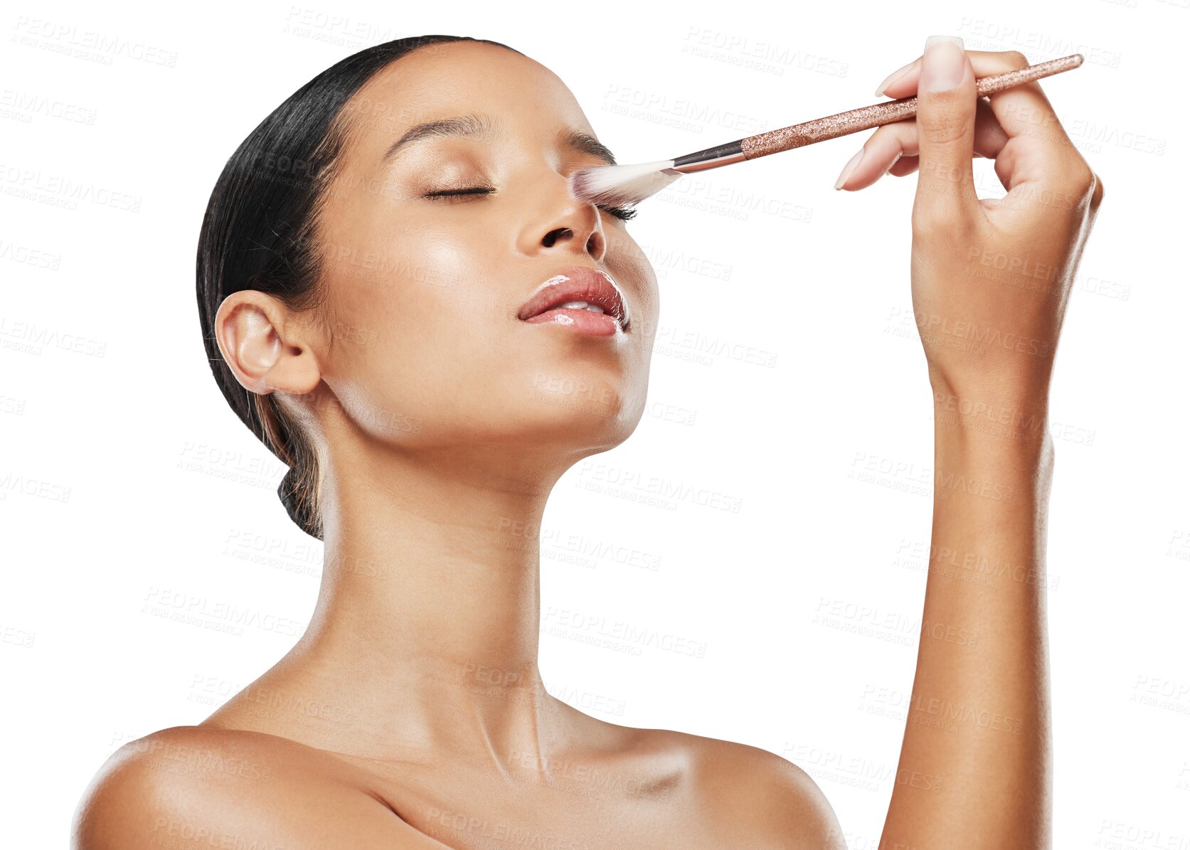 Buy stock photo Makeup, brush and woman with product for cosmetic care or foundation isolated in a transparent or png background. Face, shine and young female person with cosmetics skincare, glamour and beauty