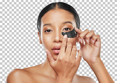 Buy stock photo Woman, face and portrait with eye patches for skincare isolated on a transparent PNG background. Female person applying pad under eyes in anti aging, cosmetics or beauty for spa or facial treatment