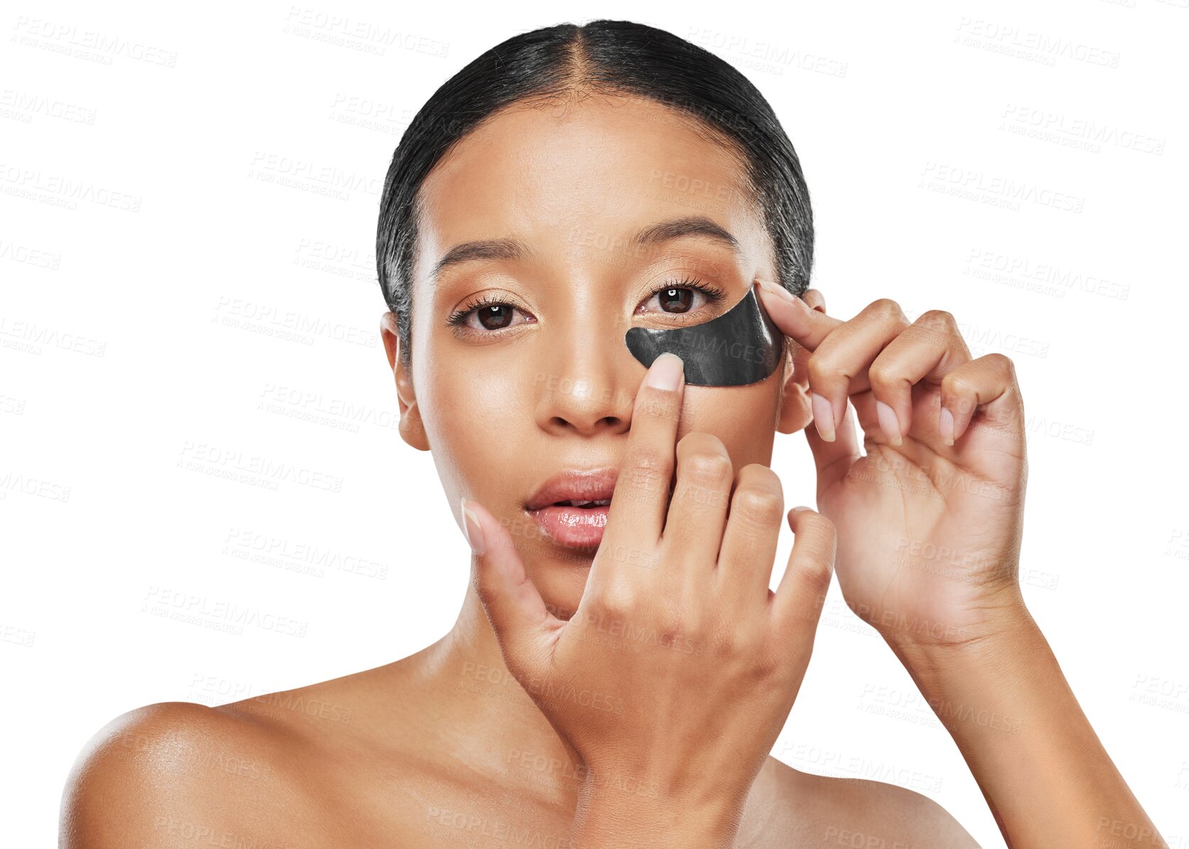 Buy stock photo Woman, face and portrait with eye patches for skincare isolated on a transparent PNG background. Female person applying pad under eyes in anti aging, cosmetics or beauty for spa or facial treatment