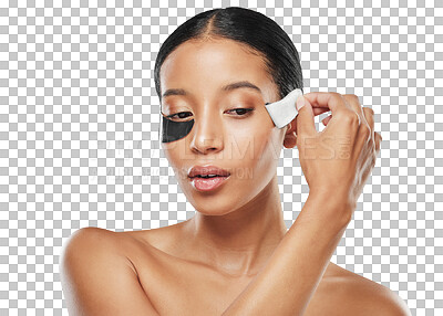 Buy stock photo Woman, eye patches and skincare in facial treatment isolated on a transparent PNG background. Face of female person with pads under eyes for anti aging, collagen cosmetics or beauty in skin healing