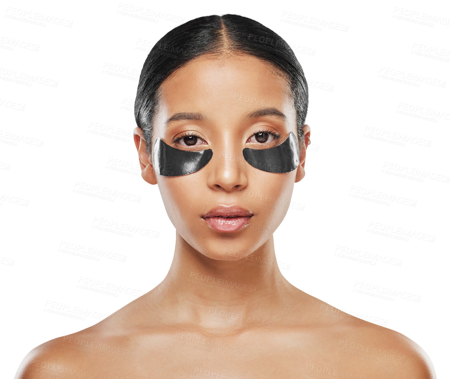 Buy stock photo Woman, portrait and eye patches for skincare isolated on a transparent PNG background. Face of female person with pads on eyes in anti aging, collagen cosmetics or beauty for spa or facial treatment