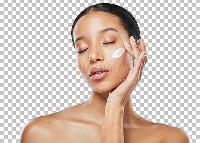 Buy stock photo Calm woman, face and cream for skincare in relax isolated on a transparent PNG background. Relaxed female person applying skin product, lotion or creme for beauty cosmetics, spa or facial treatment