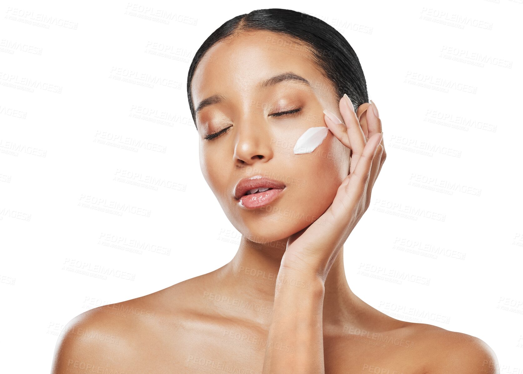 Buy stock photo Calm woman, face and cream for skincare in relax isolated on a transparent PNG background. Relaxed female person applying skin product, lotion or creme for beauty cosmetics, spa or facial treatment