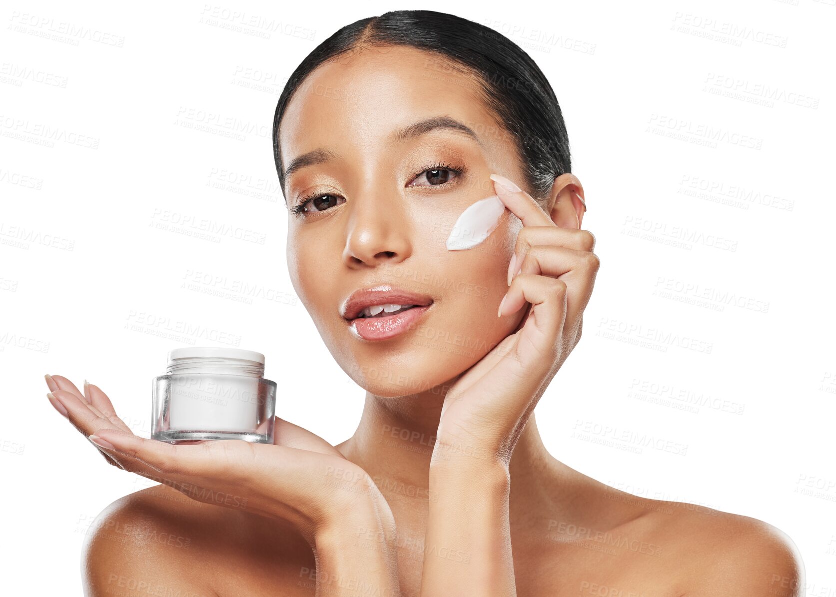 Buy stock photo Cream, moisturizer and beauty, woman and face skincare product isolated on transparent png background. Cosmetic care, soft skin and portrait of female model, apply lotion and facial with cosmetics