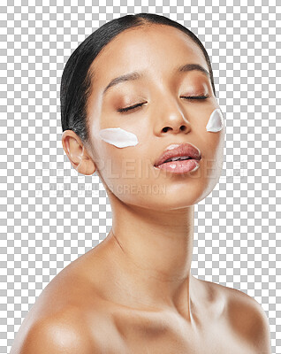 Buy stock photo Woman, face and cream in relax for skincare, beauty or cosmetics isolated on a transparent PNG background. Calm female person with skin product, lotion or creme in dermatology or facial spa treatment