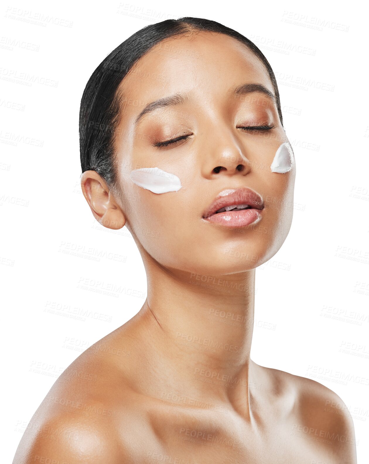 Buy stock photo Woman, face and cream in relax for skincare, beauty or cosmetics isolated on a transparent PNG background. Calm female person with skin product, lotion or creme in dermatology or facial spa treatment