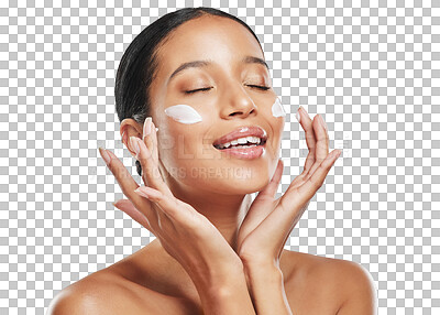 Buy stock photo Happy woman, face cream and relax in skincare or beauty cosmetics isolated on a transparent PNG background. Calm female person and skin product, lotion or creme in dermatology or facial spa treatment