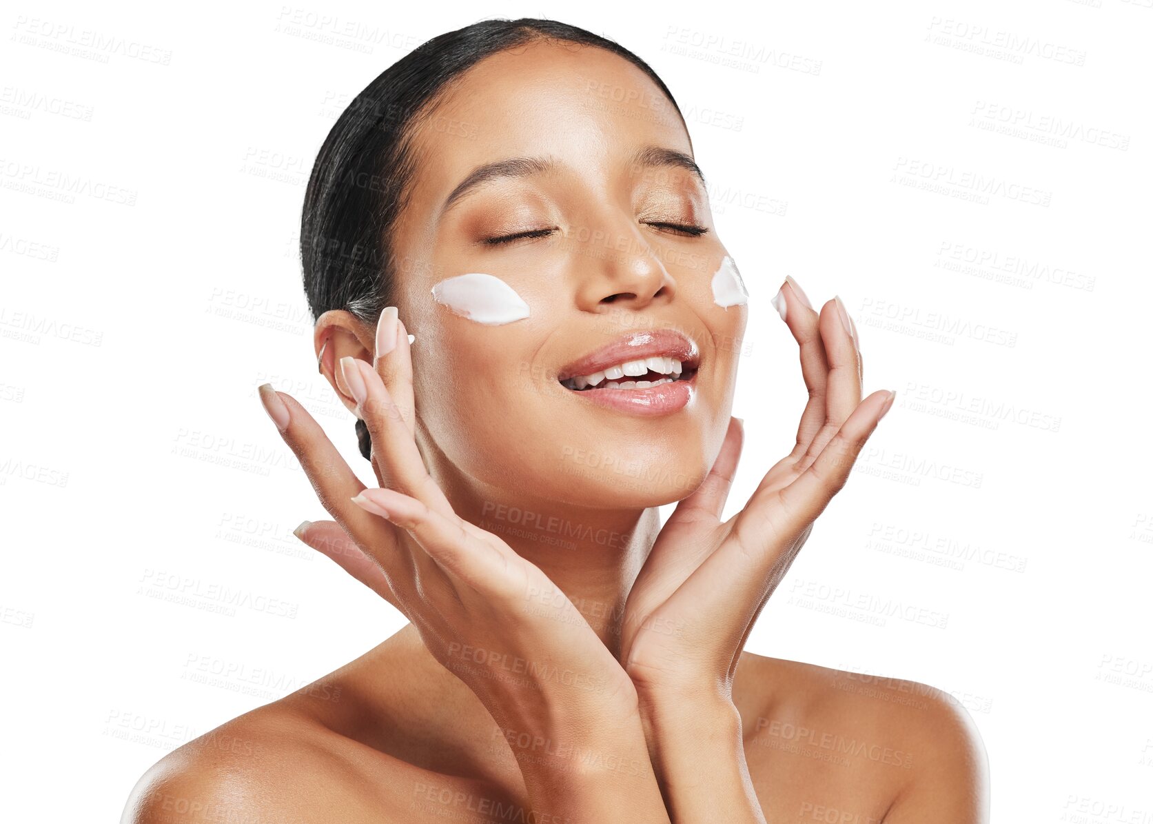 Buy stock photo Happy woman, face cream and relax in skincare or beauty cosmetics isolated on a transparent PNG background. Calm female person and skin product, lotion or creme in dermatology or facial spa treatment