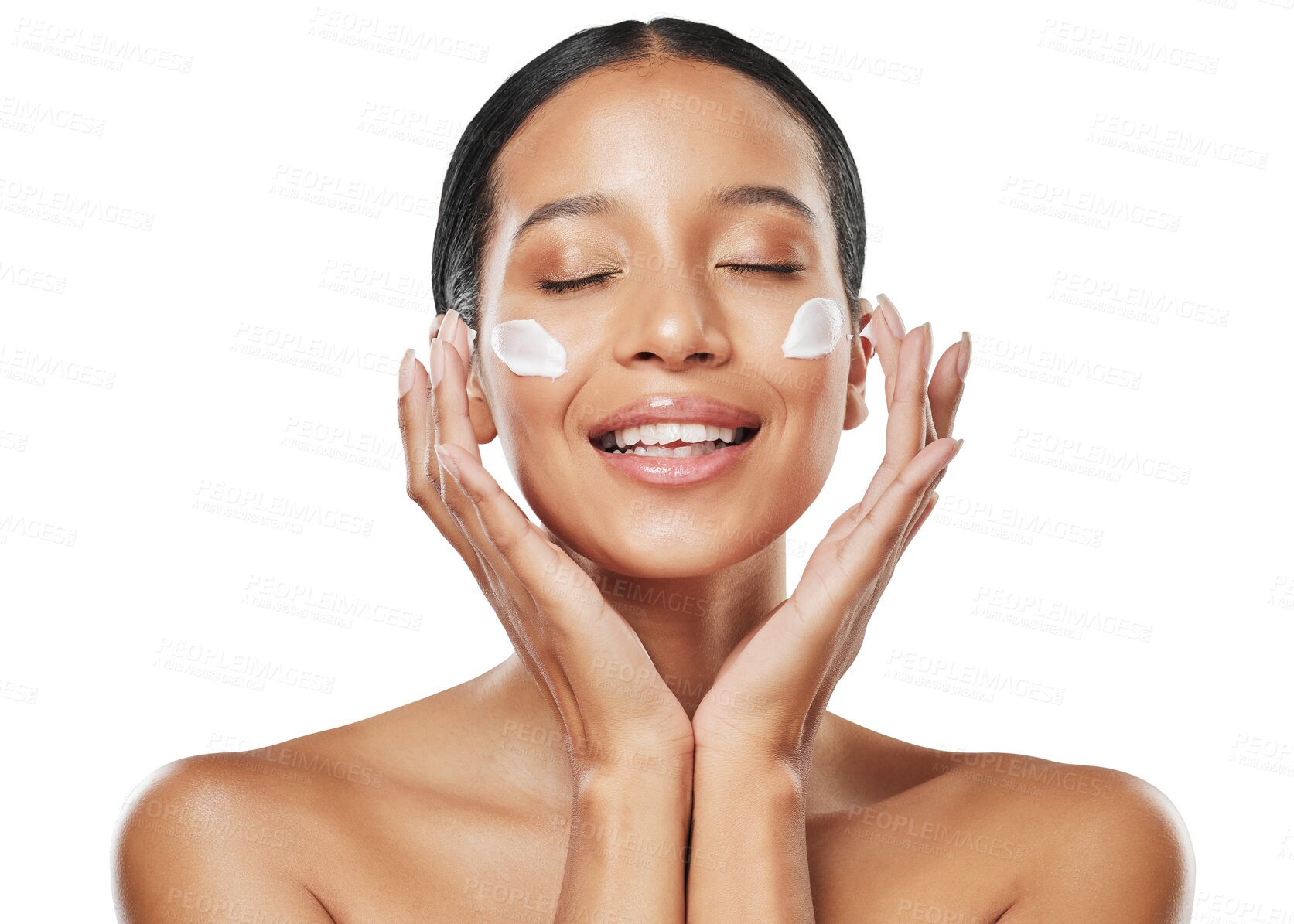 Buy stock photo Happy woman, face and cream in relax for skincare beauty cosmetics isolated on a transparent PNG background. Calm female person or skin product, lotion or creme in dermatology or facial spa treatment