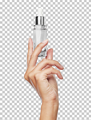 Buy stock photo Skincare, product and serum with hand of woman on transparent background for beauty, cosmetics or spa treatment. Oil, wellness and hyaluronic acid with closeup of person isolated on png for self care