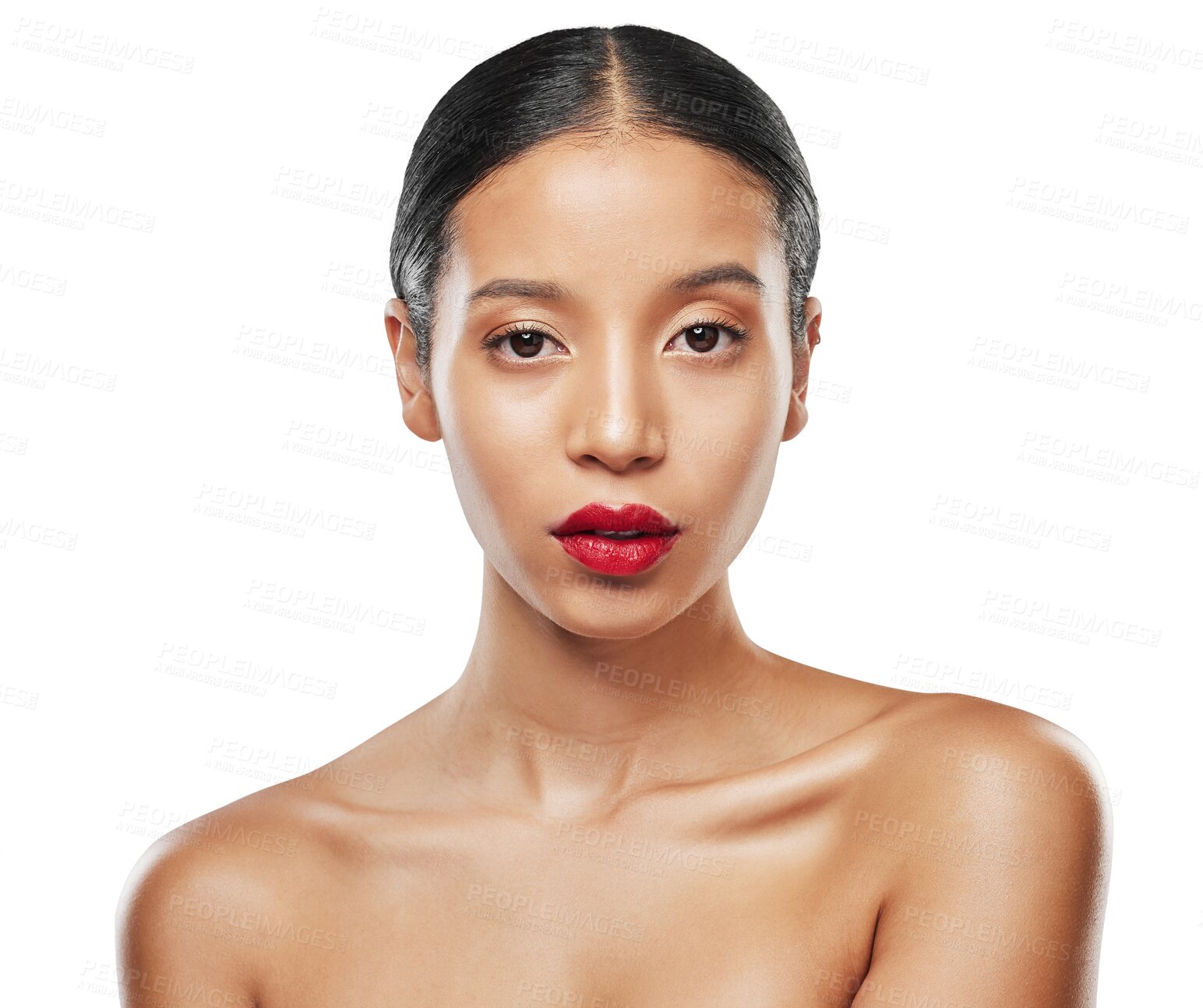 Buy stock photo Woman, portrait and red lipstick for beauty makeup or skincare isolated on a transparent PNG background. Female person or model with facial cosmetics, product or color in confidence for dermatology