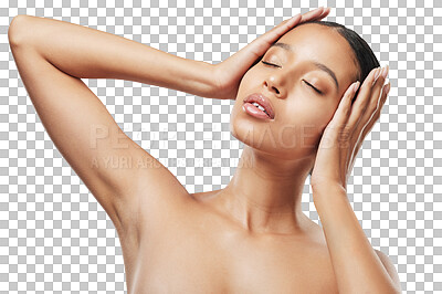 Buy stock photo Beauty, relax and woman with natural skincare or cosmetics care isolated in a transparent or png background. Wellness, facial treatment and young female person with smooth, shine and glow skin