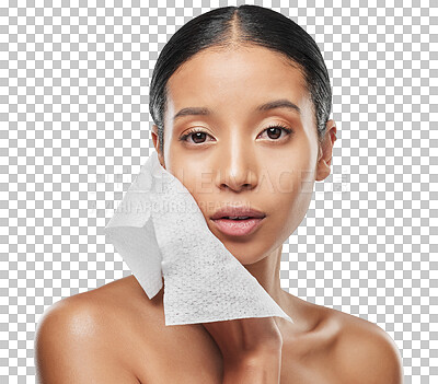 Buy stock photo Woman, portrait and wipe for cleaning face in skincare hygiene or beauty isolated on a transparent PNG background. Female person with cloth for makeup removal, cosmetics or dry, clean skin and facial