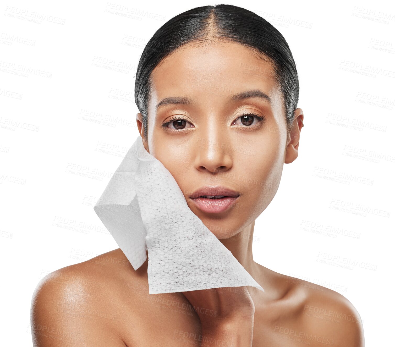 Buy stock photo Woman, portrait and wipe for cleaning face in skincare hygiene or beauty isolated on a transparent PNG background. Female person with cloth for makeup removal, cosmetics or dry, clean skin and facial