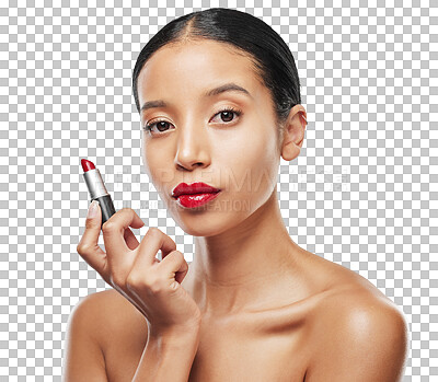 Buy stock photo Makeup, lips and woman with red lipstick and beauty, cosmetics product isolated on png transparent background. Bold, color and portrait with female model, cosmetic care and cosmetology with skin glow