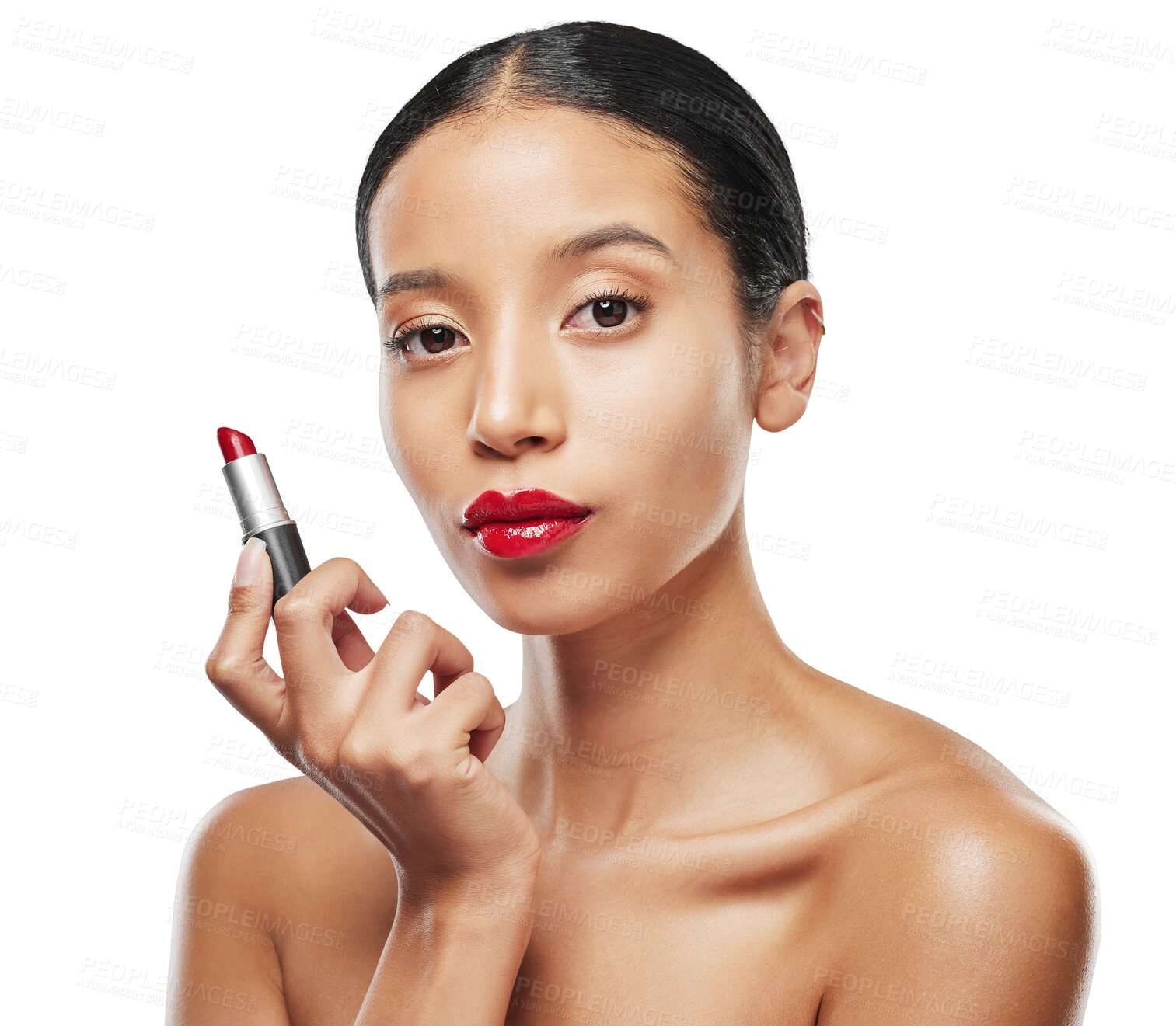 Buy stock photo Makeup, lips and woman with red lipstick and beauty, cosmetics product isolated on png transparent background. Bold, color and portrait with female model, cosmetic care and cosmetology with skin glow