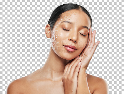 Buy stock photo Facial, skincare and face of woman with cream on isolated, png and transparent background. Dermatology, beauty aesthetic and female person with natural cosmetics, makeup and moisturizer for wellness