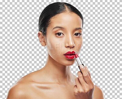 Buy stock photo Makeup, beauty and woman in portrait with red lipstick, cosmetics product isolated on png transparent background. Bold, color and lips with female model, cosmetic care and cosmetology with skin glow