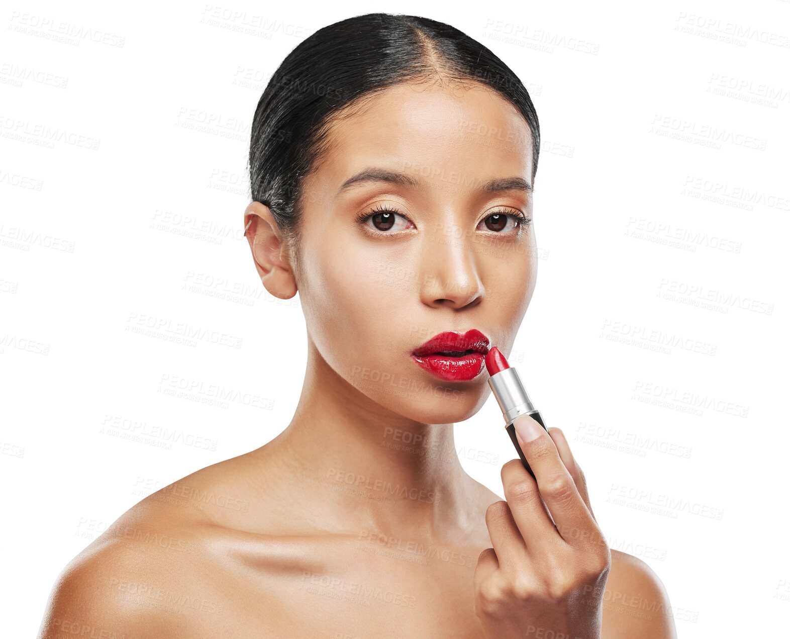 Buy stock photo Makeup, beauty and woman in portrait with red lipstick, cosmetics product isolated on png transparent background. Bold, color and lips with female model, cosmetic care and cosmetology with skin glow